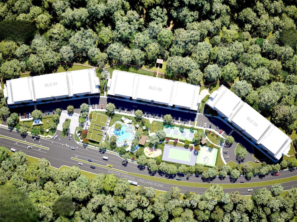 This architectural rendering shows three apartment buildings surrounded by forest, a pool, and sports courts — 10009 CRISBET COURT UNIT 206A, ORLANDO, FL