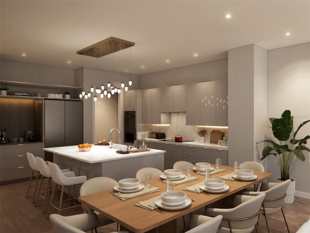 This is a rendering of a modern kitchen and dining area with white cabinetry — 10009 CRISBET COURT UNIT 206A, ORLANDO, FL