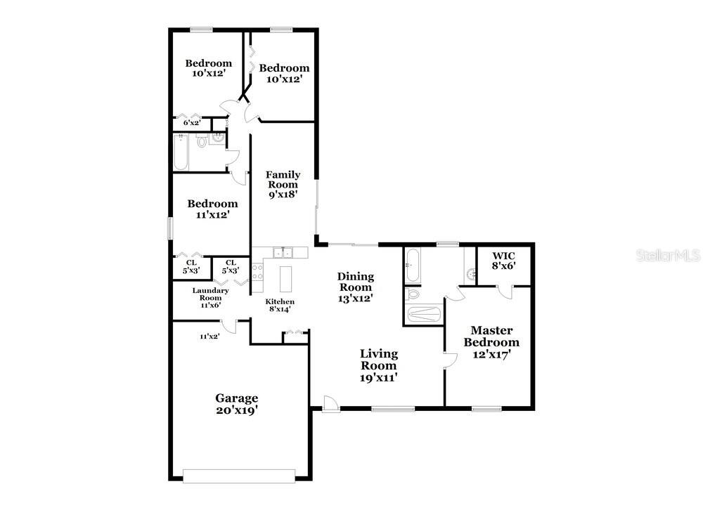 This is a floor plan showing the layout of a single-story house with a garage — 905 DERBYSHIRE DRIVE, KISSIMMEE, FL