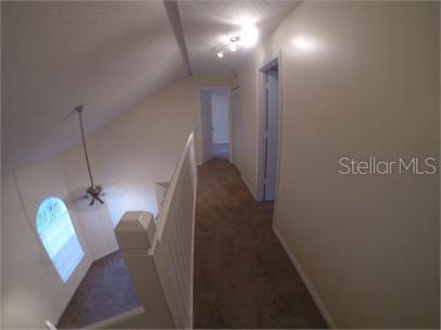 A carpeted hallway leads to a doorway, overlooking a lower level with a ceiling fan — 413 FOUNTAINHEAD CIRCLE UNIT 231, KISSIMMEE, FL