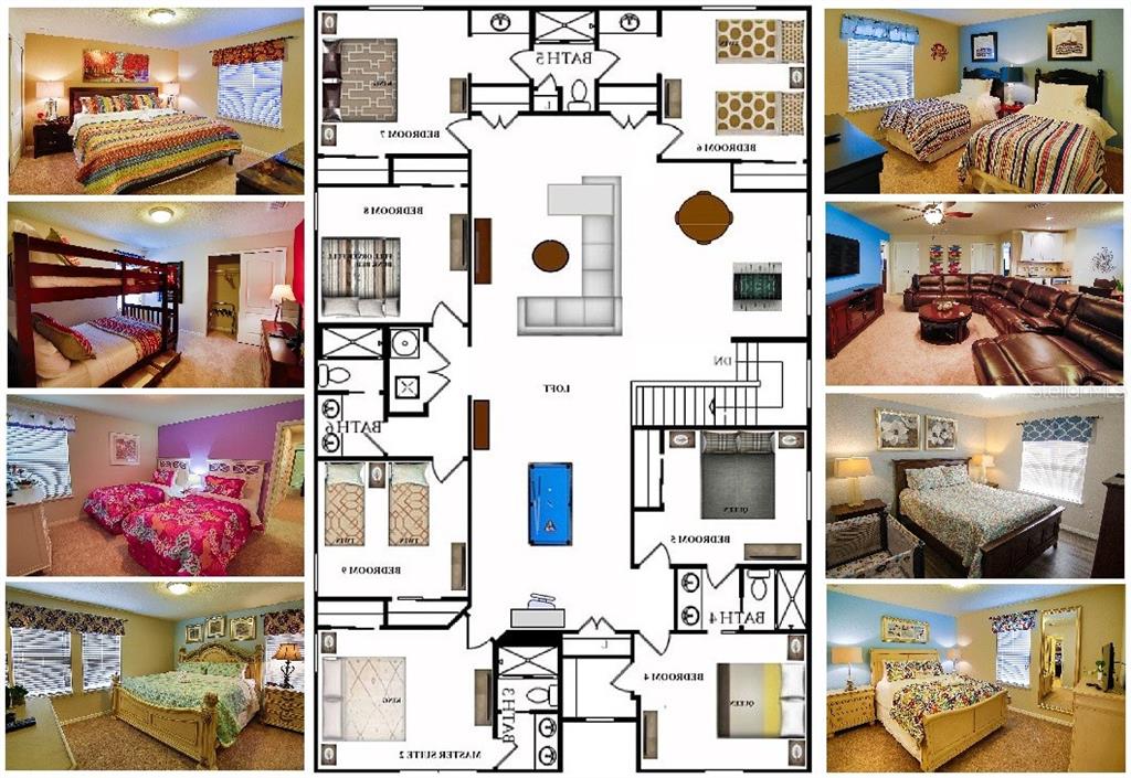This image displays a floor plan surrounded by photos of various furnished bedrooms and living areas — 2147 TRIPOLI COURT, KISSIMMEE, FL