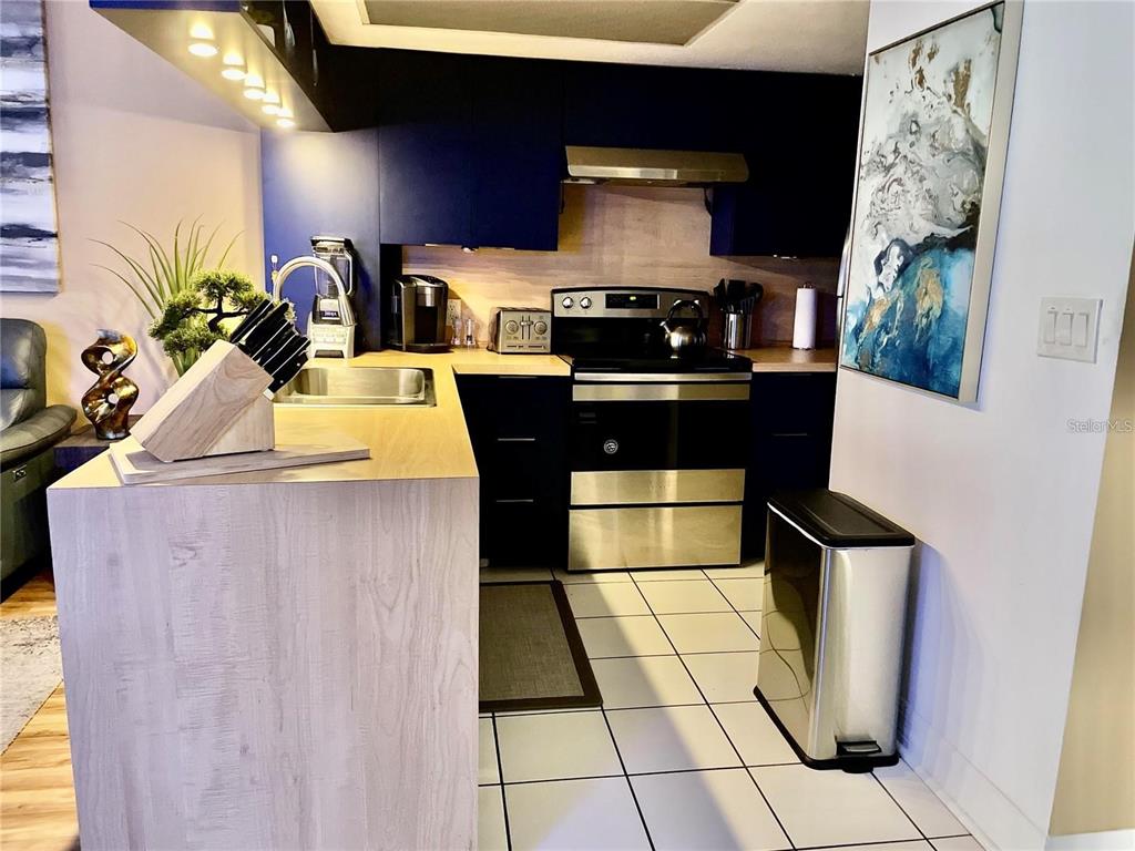 A kitchen features dark blue cabinets, stainless steel appliances, and a light wood-toned island — 2571 CYPRUS DRIVE UNIT 1-104, PALM HARBOR, FL