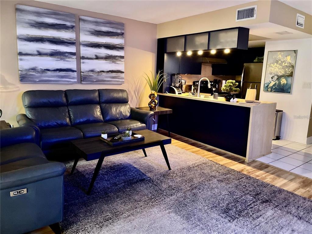 A living room features a dark leather sofa, a coffee table, and an open kitchen — 2571 CYPRUS DRIVE UNIT 1-104, PALM HARBOR, FL