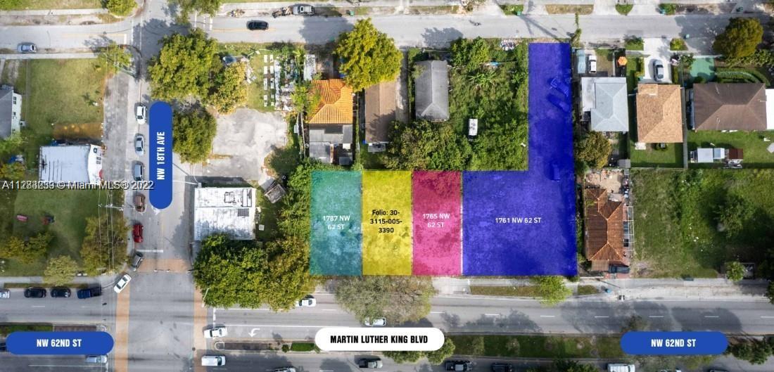 This aerial map shows four adjacent land parcels highlighted in color along a city street — 1765 NW 62nd St, Miami FL 33147, MIAMI, FL