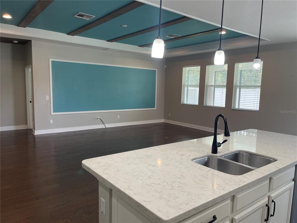 A kitchen island with a sink overlooks an open living area with a teal ceiling — 3560 PIXIE LANE, ST CLOUD, FL