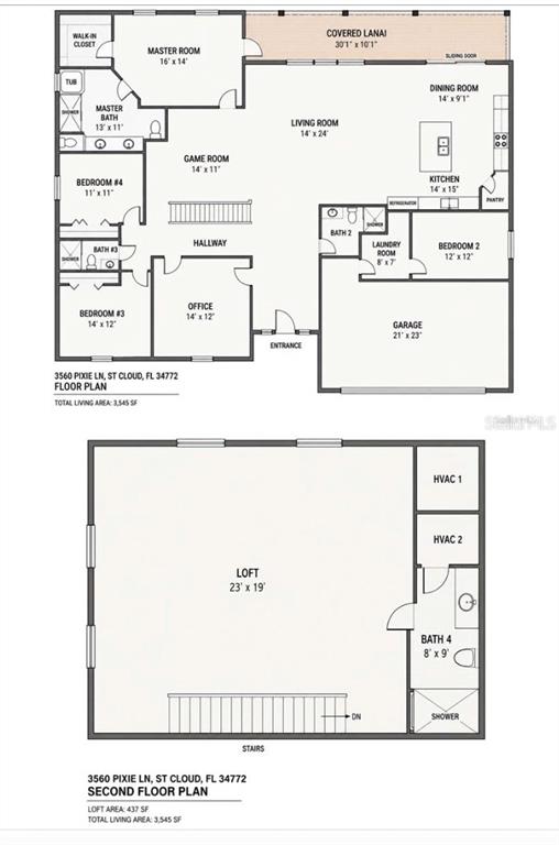 This is a floor plan showing the layout of a two-story residential home — 3560 PIXIE LANE, ST CLOUD, FL
