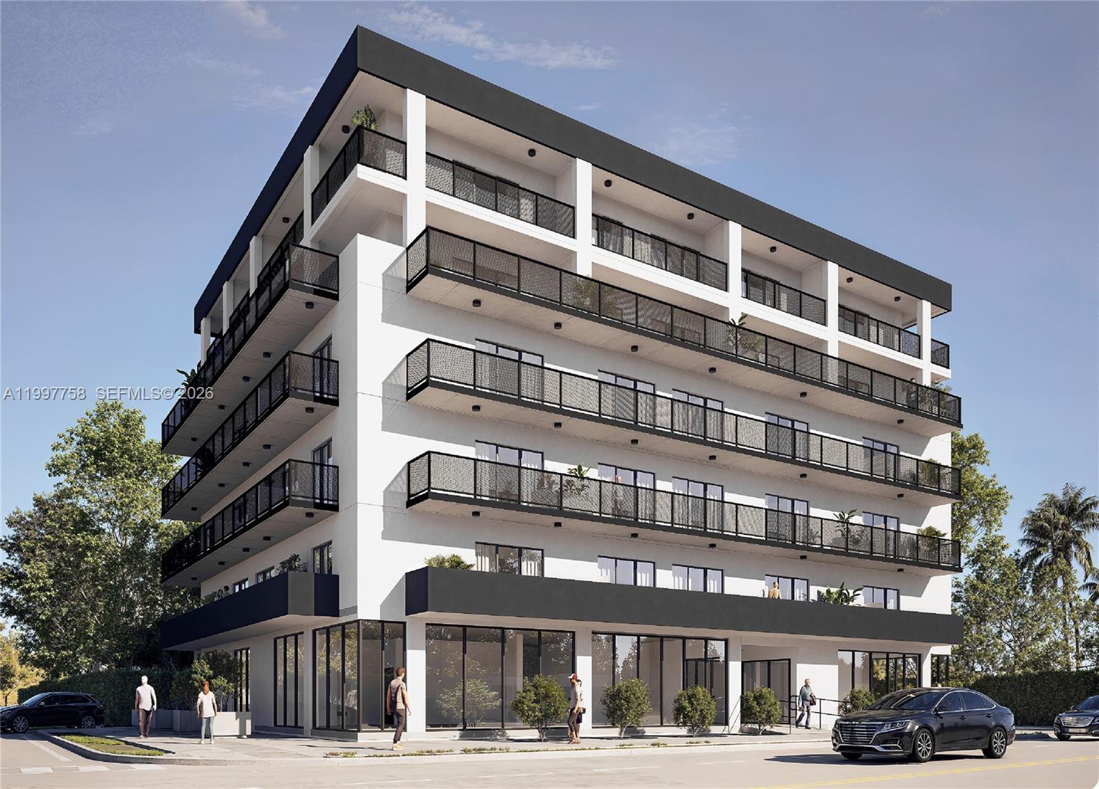 This is a rendering of a modern multi-story building with balconies and ground-floor retail space — 1205 NW 79th St, Miami FL 33147, MIAMI, FL