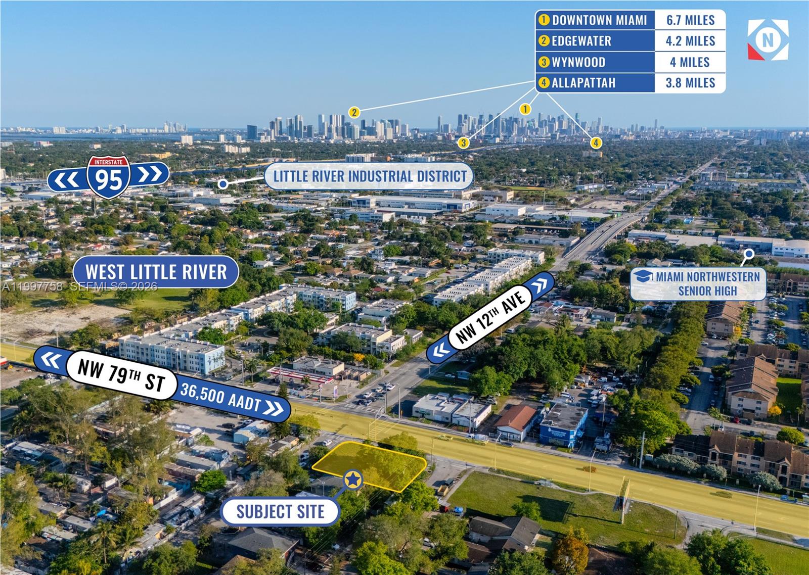 An aerial map shows a highlighted vacant lot at a street intersection in Miami — 1205 NW 79th St, Miami FL 33147, MIAMI, FL
