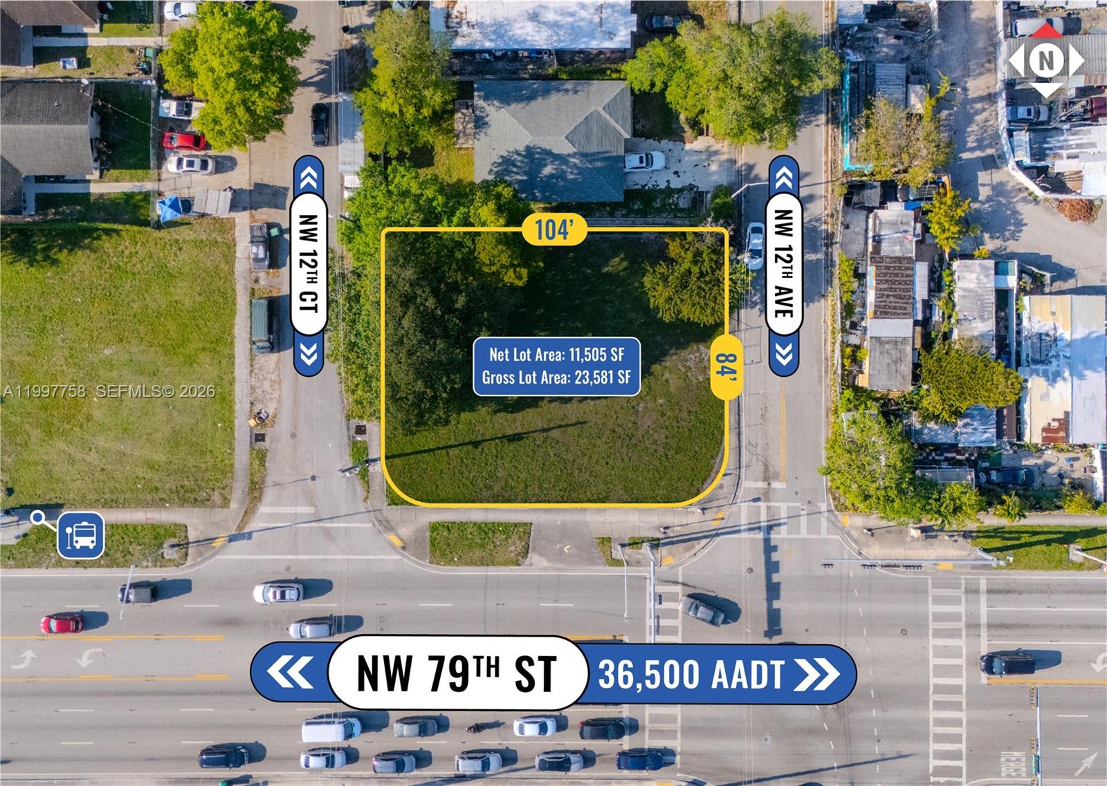 This aerial view shows an empty rectangular lot located at a street intersection — 1205 NW 79th St, Miami FL 33147, MIAMI, FL
