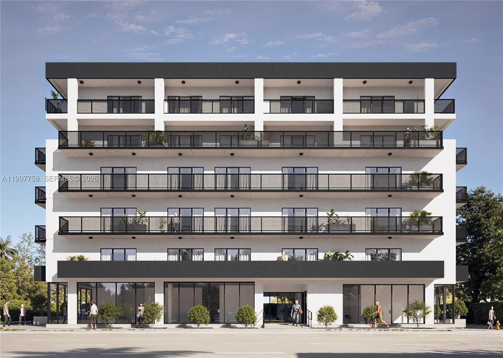 This is a digital rendering of a multi-story modern apartment building with balconies and storefronts — 1205 NW 79th St, Miami FL 33147, MIAMI, FL