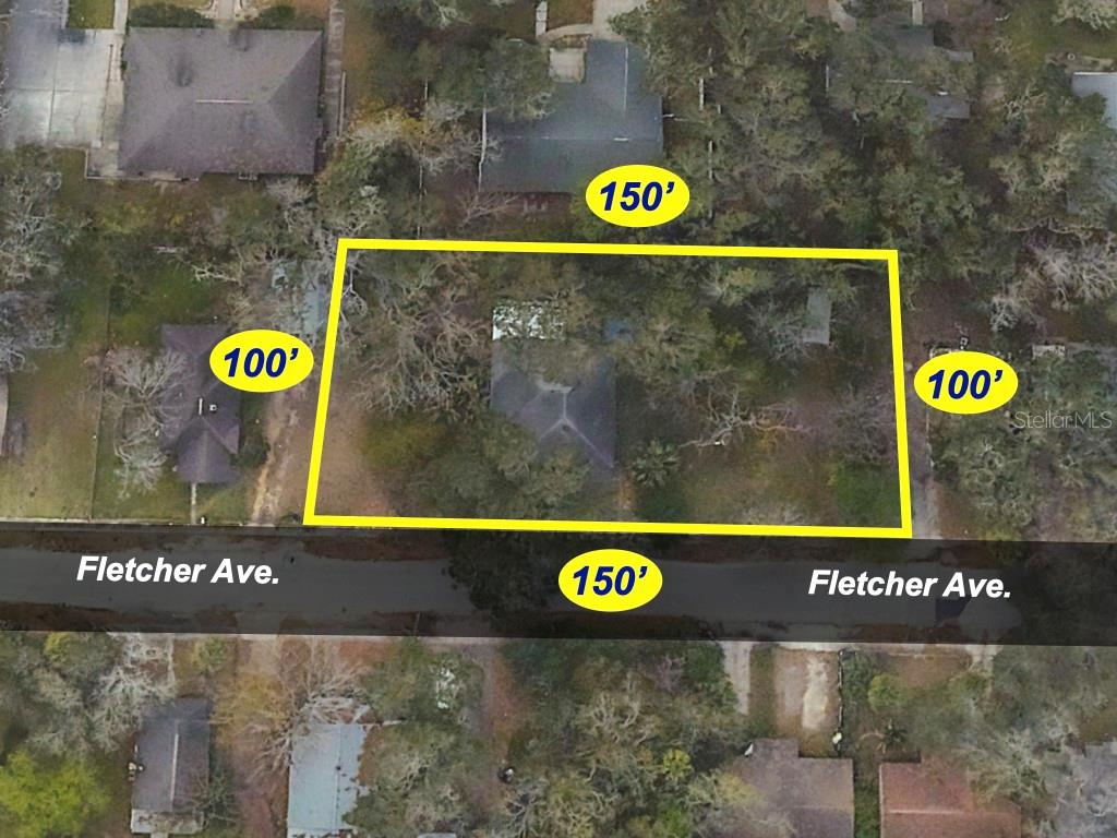 An aerial view shows a rectangular lot with dimensions labeled 150 feet by 100 feet — 332 FLETCHER AVENUE, DAYTONA BEACH, FL