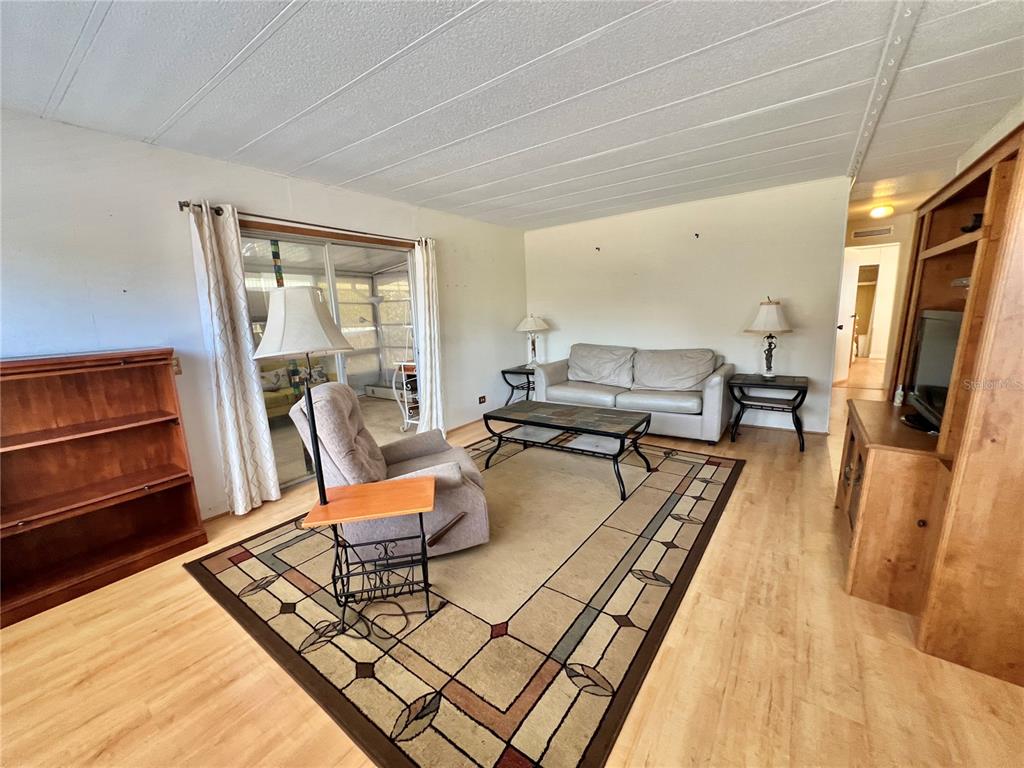 A living room features light wood-look flooring, a beige sofa, and a patterned area rug — 101 IXORA WAY, LEESBURG, FL