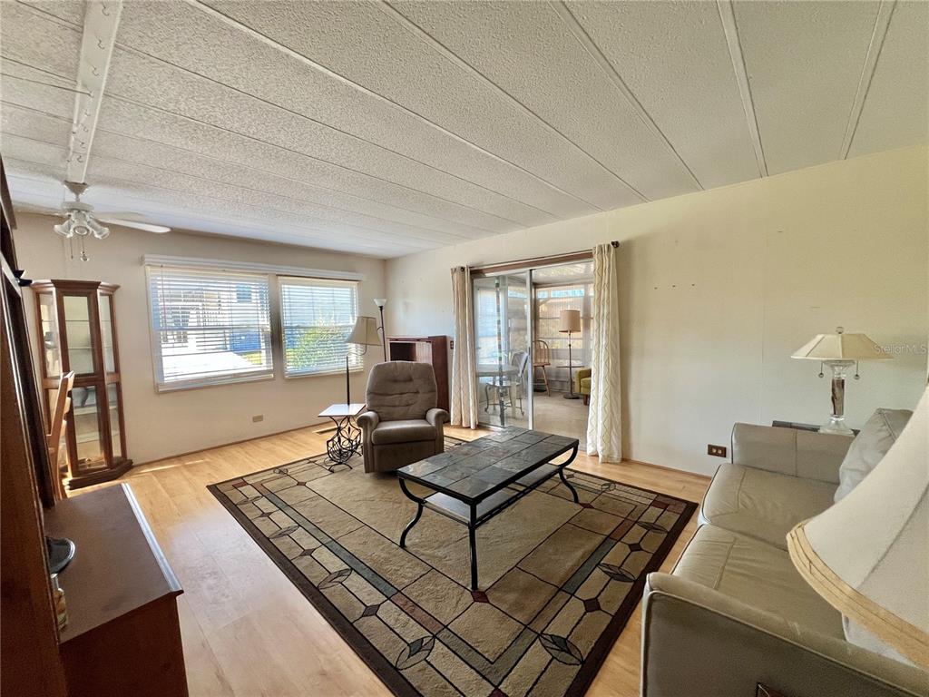 A living room features light wood flooring, a patterned area rug, and a sliding glass door — 101 IXORA WAY, LEESBURG, FL