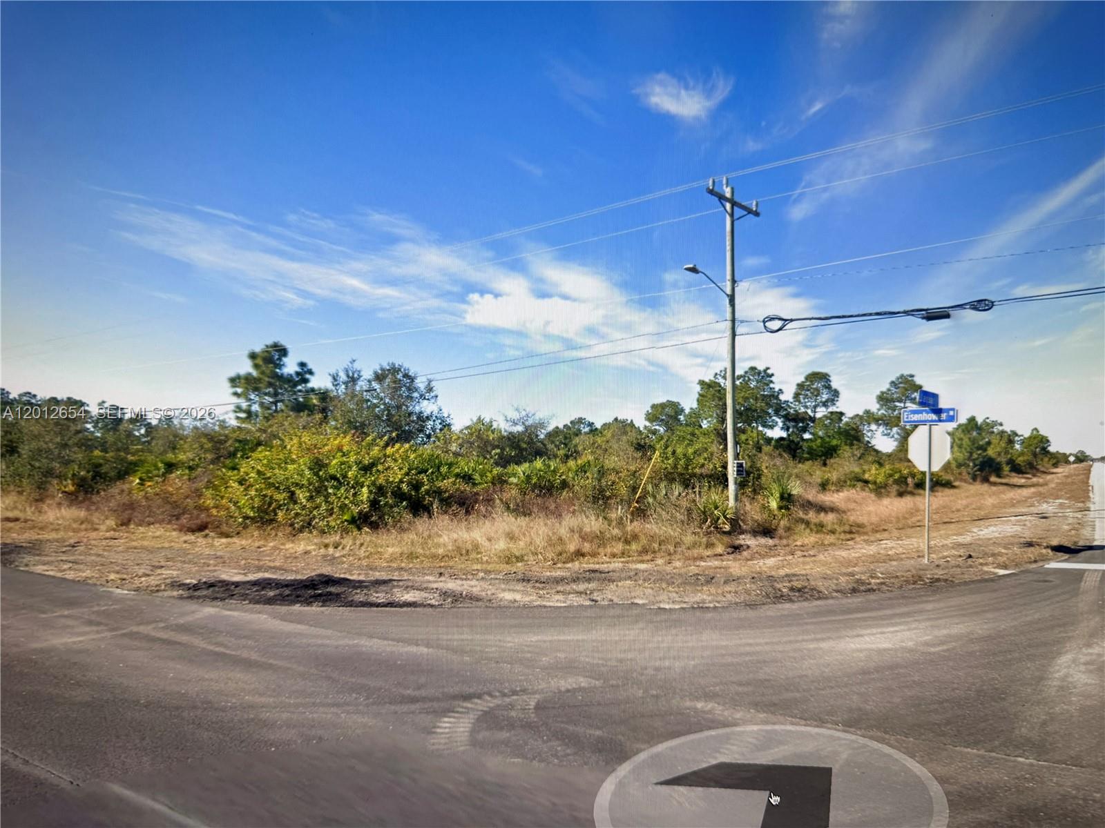 A vacant, brush-covered corner lot at a paved road intersection with a street sign — 966 Jaguar BLVD, Lehigh Acres FL 33974, LEHIGH ACRES, FL
