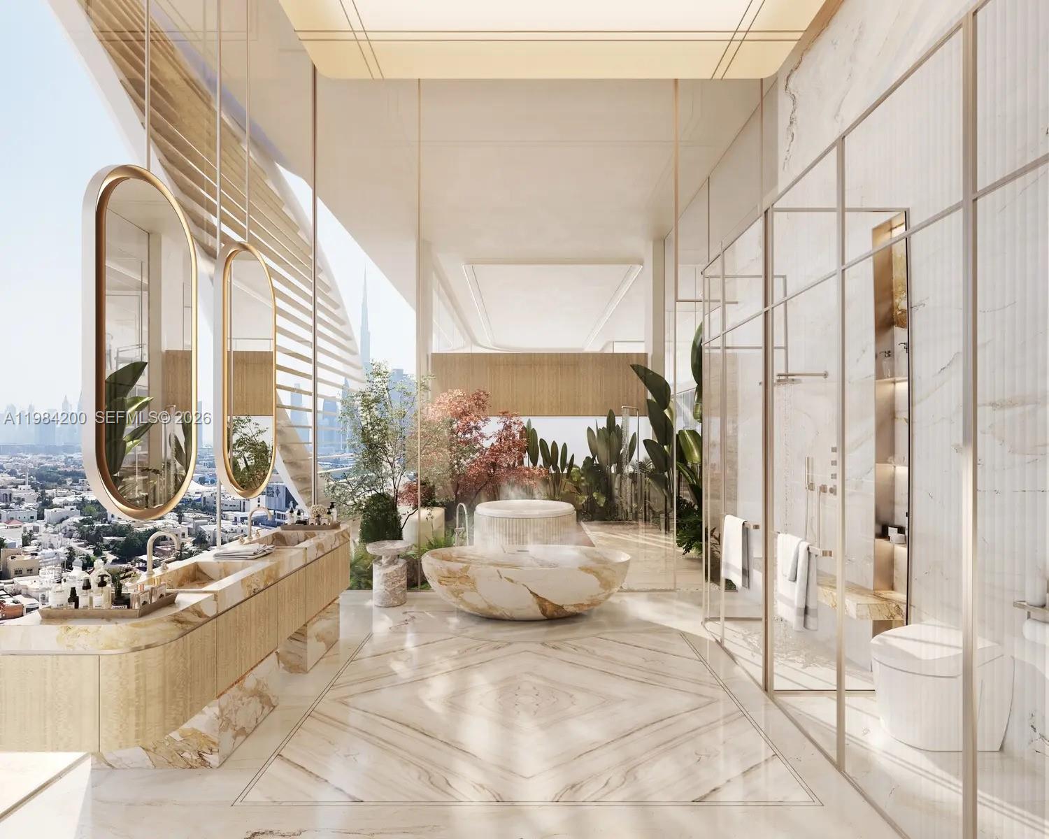 This rendering shows a luxury bathroom with marble finishes, a central tub, and city views — 2 Al Wasl Road # 0, Dubai, FL
