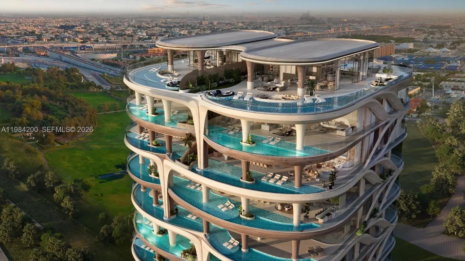 This architectural rendering shows a high-rise building featuring multiple levels with private wrap-around balconies and pools — 2 Al Wasl Road # 0, Dubai, FL