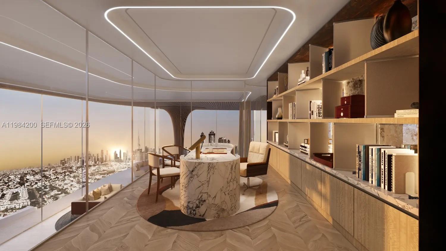 This rendering shows a modern home office with a marble desk, floor-to-ceiling windows, and shelving — 2 Al Wasl Road # 0, Dubai, FL