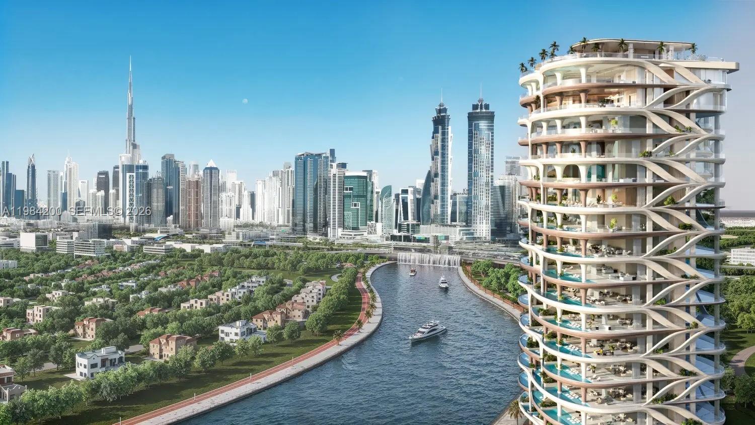 This architectural rendering shows a modern, curved high-rise building overlooking a canal and city skyline — 2 Al Wasl Road # 0, Dubai, FL