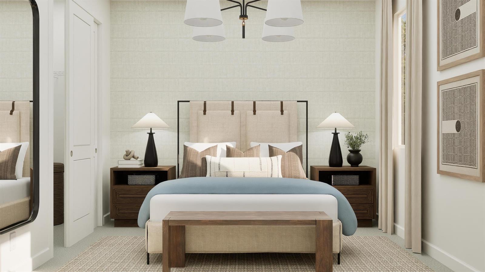 This is a rendering of a bedroom featuring a bed, nightstands, and a bench — 1014 Raleigh Way, Wellington FL 33414, WELLINGTON, FL