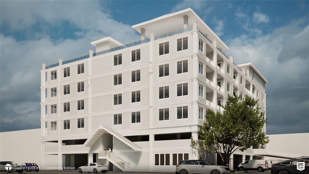 A digital rendering shows a multi-story apartment building with a ground-level parking garage and exterior staircase — 504 S MYRTLE AVENUE, CLEARWATER, FL
