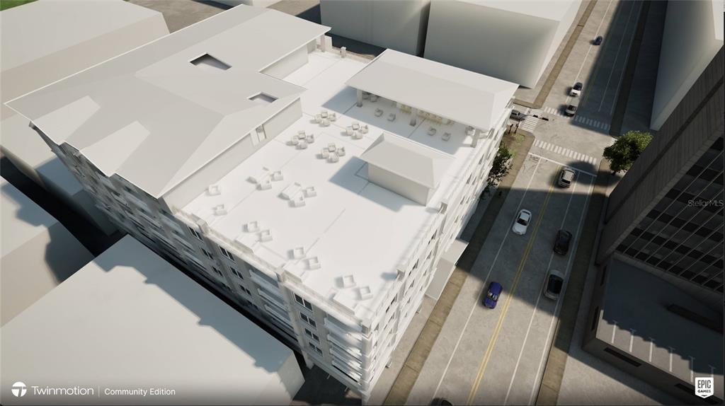 This architectural rendering shows an aerial view of a building rooftop with outdoor seating areas — 504 S MYRTLE AVENUE, CLEARWATER, FL