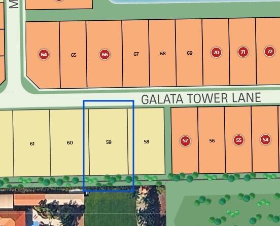 This map shows a residential lot layout with a blue box highlighting plot 59 — 9604 Galata Tower Lane, Lake Worth FL 33467, LAKE WORTH, FL