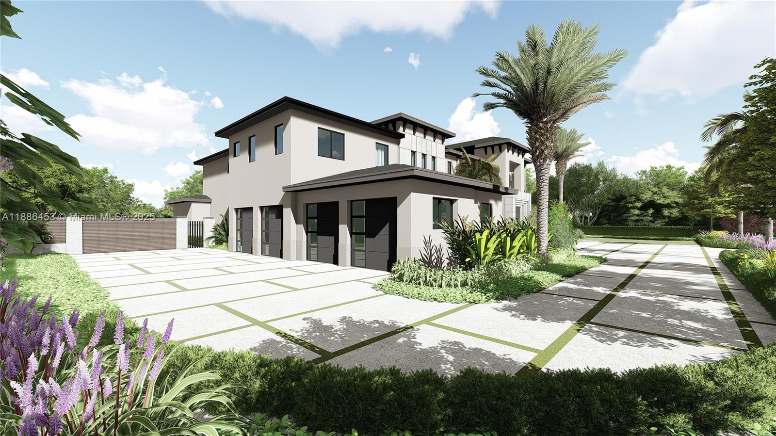 This is a digital rendering of a modern two-story house with a large paved driveway — 13440 Sw 36 Ct, Davie FL 33330, DAVIE, FL