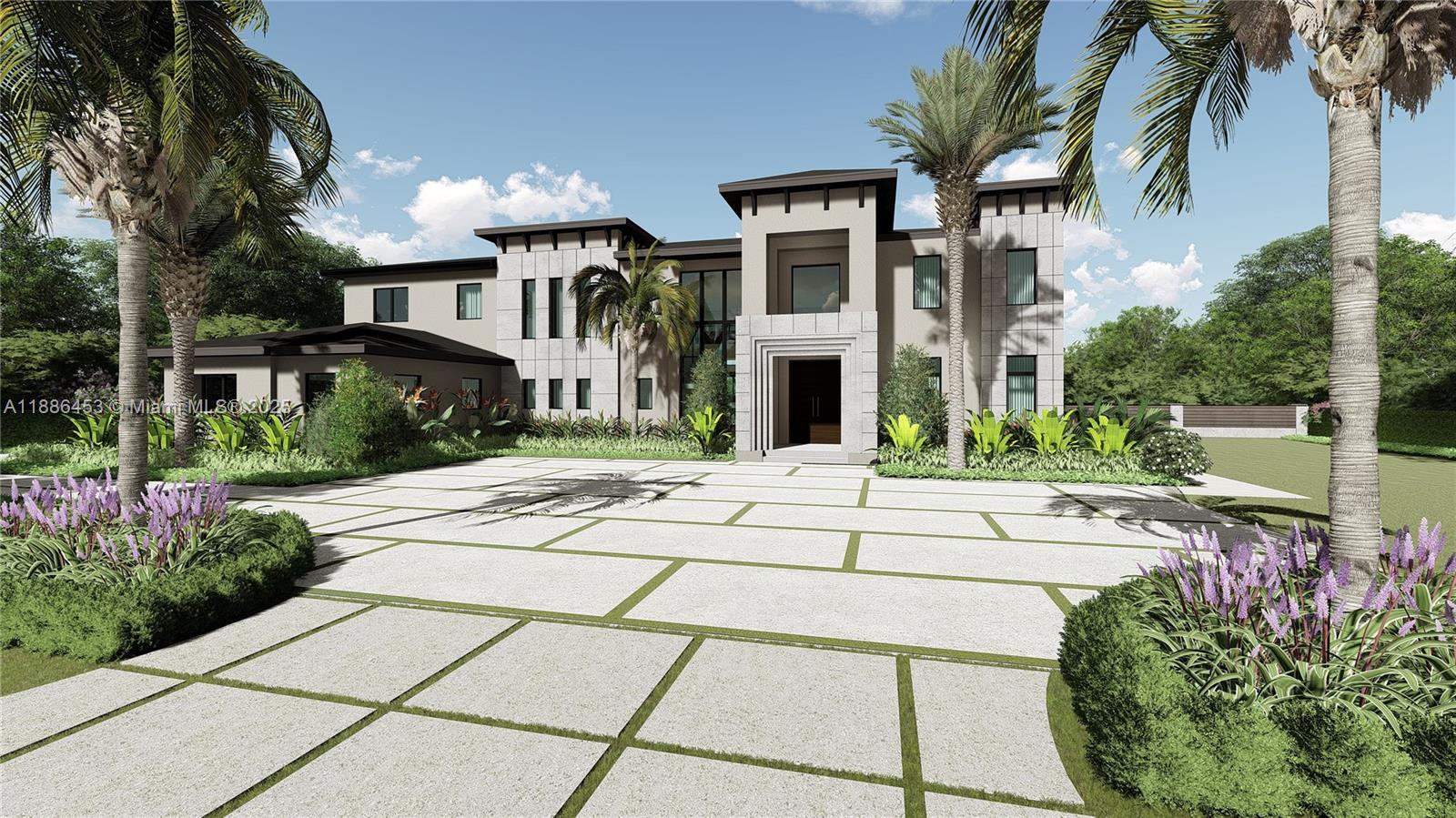 This is a digital rendering of a modern two-story house with a large paved driveway — 13440 Sw 36 Ct, Davie FL 33330, DAVIE, FL