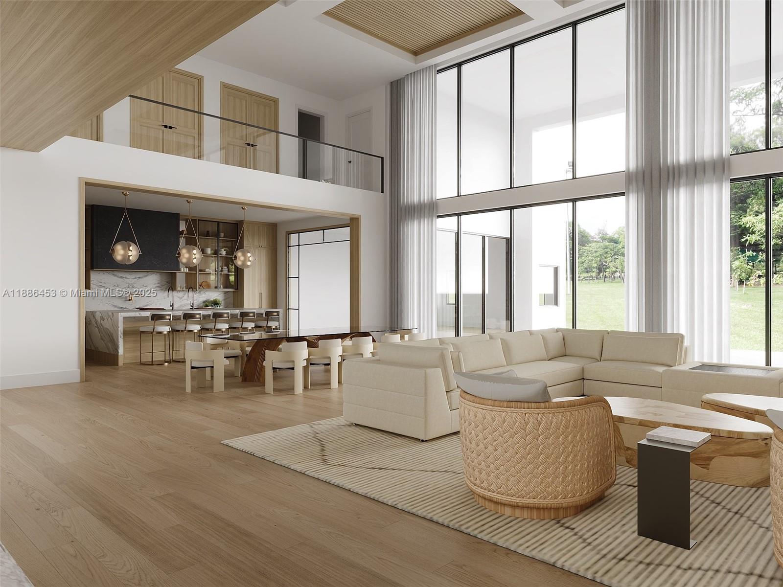 This rendering shows a modern open-concept living area with high ceilings and floor-to-ceiling windows — 13440 Sw 36 Ct, Davie FL 33330, DAVIE, FL