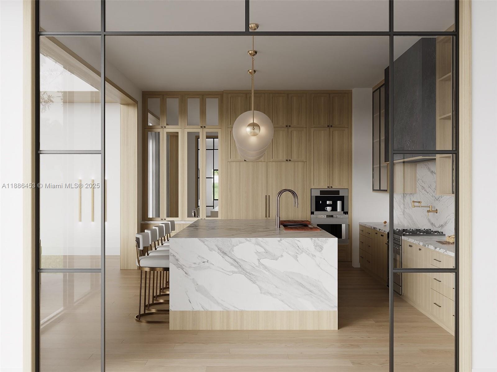 This rendering shows a modern kitchen with a marble island, wood cabinetry, and glass partitions — 13440 Sw 36 Ct, Davie FL 33330, DAVIE, FL