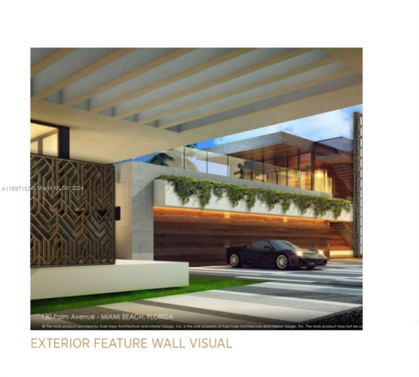 A rendering of a modern home exterior featuring a decorative metal screen and wood paneling — 130 Palm Ave, Miami Beach FL 33139, MIAMI BEACH, FL