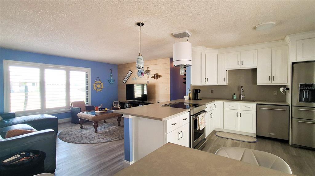 An open-concept kitchen with white cabinets and a living area with blue walls — 40 SE CHINICA DRIVE, SUMMERFIELD, FL