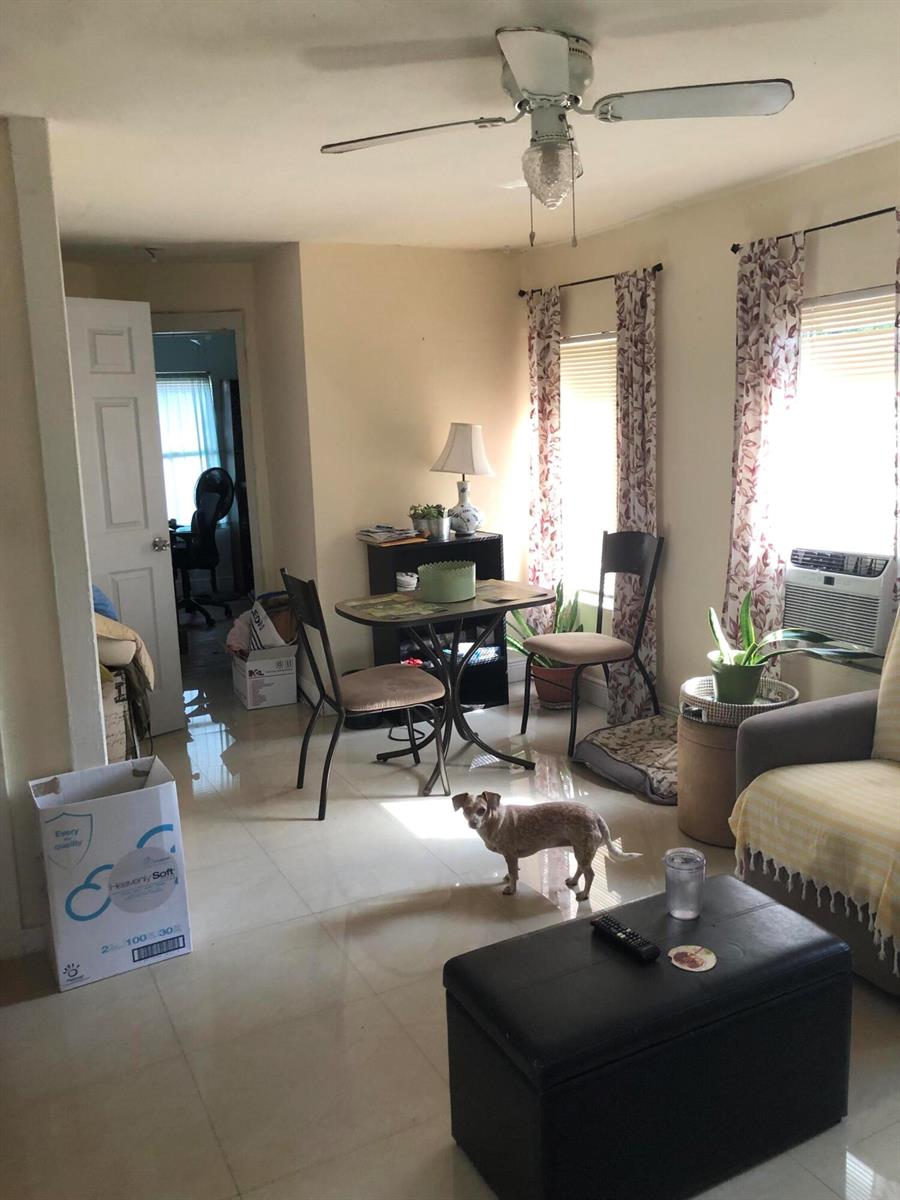 A living room features tile flooring, a ceiling fan, a small dining table, and a dog — 1021 SW 5th Street # 2, Miami FL 33130, MIAMI, FL