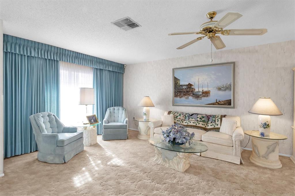 A living room features light carpet, blue curtains, a sofa, two armchairs, and a ceiling fan — 10721 FOOTPRINT LANE, PORT RICHEY, FL