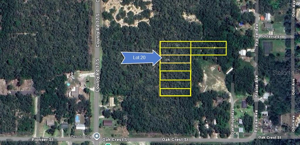 An aerial map shows a highlighted rectangular land parcel located near a road intersection — 6101 OAK RIDGE AVENUE LOT 20, SEBRING, FL