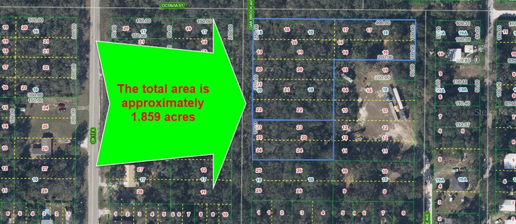 An aerial map shows a highlighted multi-lot parcel of land with property boundaries and dimensions — 6101 OAK RIDGE AVENUE LOT 20, SEBRING, FL