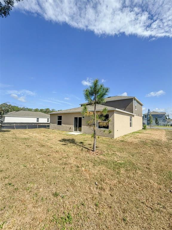 The exterior rear view of a two-story house with tan stucco and a small tree — 1363 BLUE ASH LANE, DELAND, FL