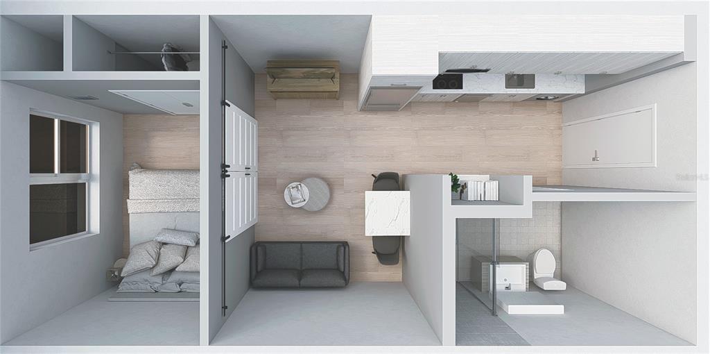 This 3D floor plan rendering shows a studio apartment with a bedroom, bathroom, and kitchen — 210 NW 15TH STREET, GAINESVILLE, FL