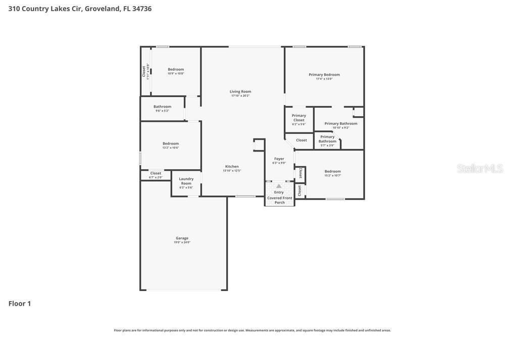 This is a floor plan for a single-story house with a garage and four bedrooms — 310 COUNTRY LAKES CIRCLE, GROVELAND, FL