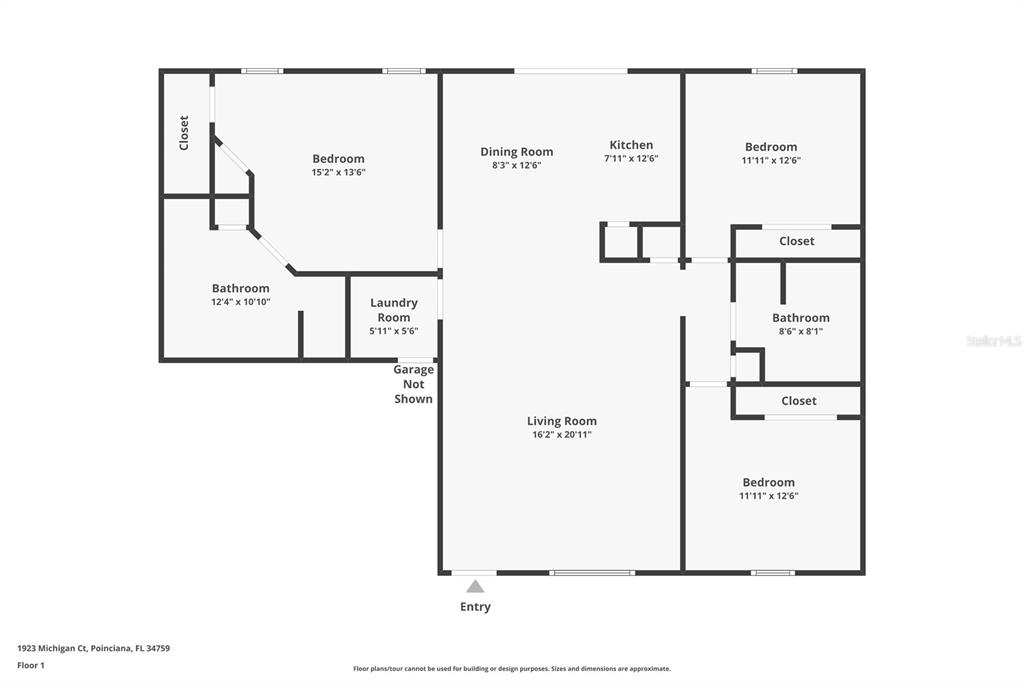 This is a floor plan showing the layout of a house with three bedrooms — 1923 MICHIGAN COURT, KISSIMMEE, FL