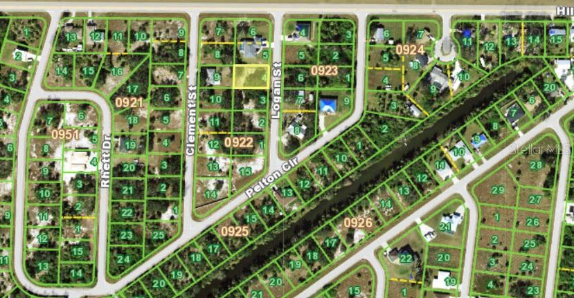 This is a satellite map showing residential land parcels and streets in a suburban neighborhood — 25 LOGAN STREET, PORT CHARLOTTE, FL