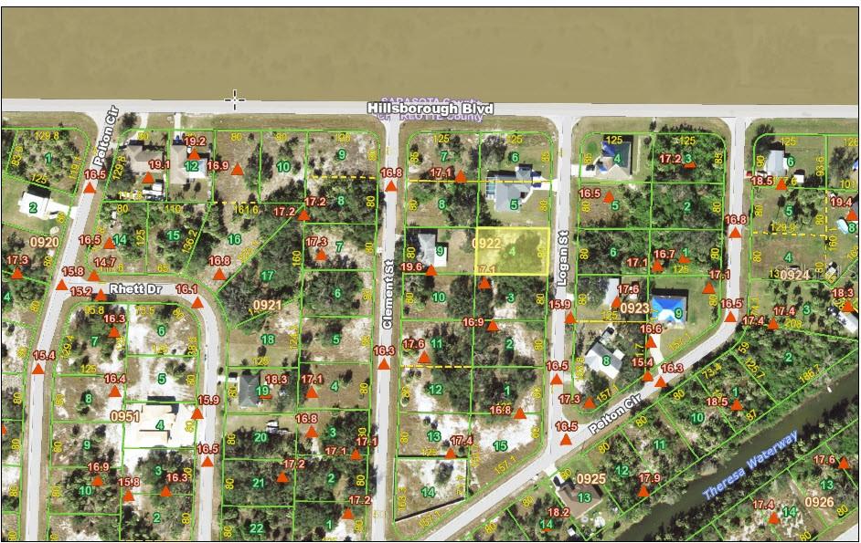 This is a property tax map showing parcel boundaries, lot numbers, and street names — 25 LOGAN STREET, PORT CHARLOTTE, FL