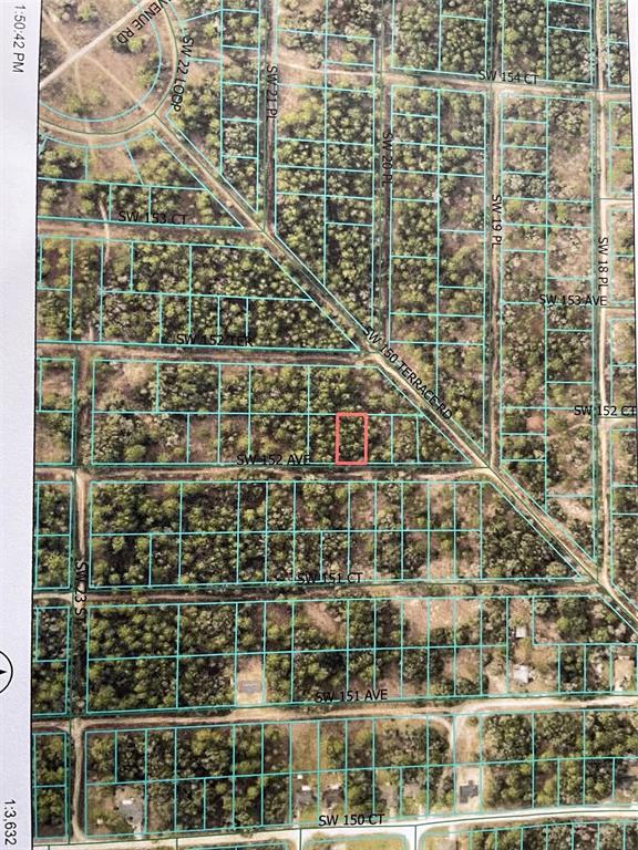 This is an aerial map showing a highlighted rectangular plot of land among wooded lots — LOT 9 SW 152ND AVENUE, OCALA, FL