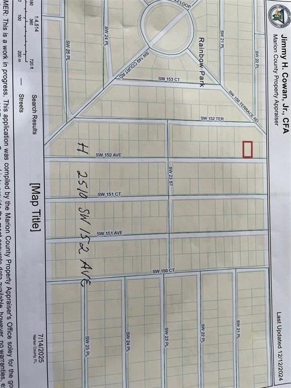 This is a property tax map showing land parcels and street names in Marion County — LOT 9 SW 152ND AVENUE, OCALA, FL