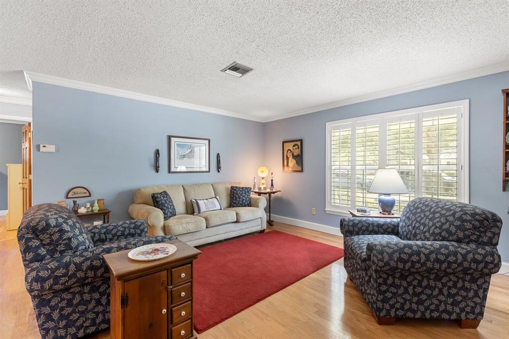 A living room features light blue walls, hardwood floors, a red rug, and patterned furniture — 4925 HOPERITA STREET, ORLANDO, FL