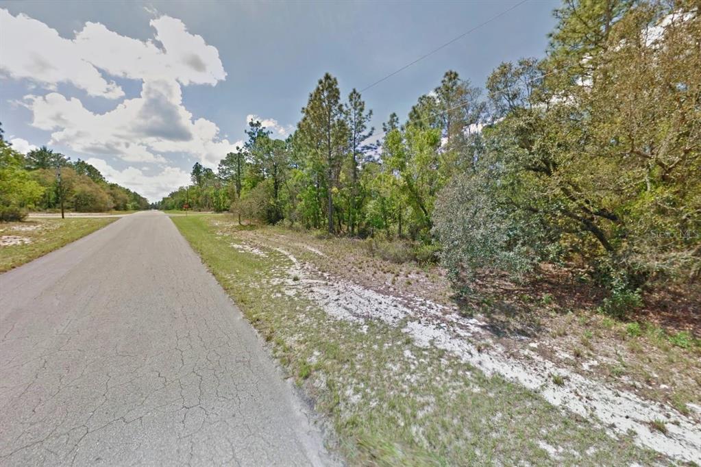 A paved road runs alongside a wooded lot with sandy ground under a cloudy sky — 000 MARION OAKS PASS, OCALA, FL