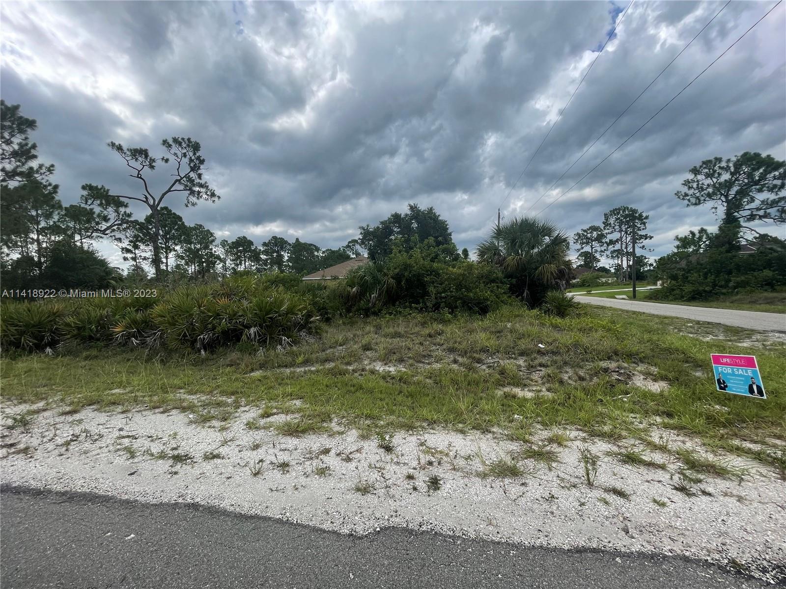 A vacant, overgrown lot with a for sale sign sits beside a paved road — 1000 W 13th ST, Lehigh Acres FL 33972, LEHIGH ACRES, FL