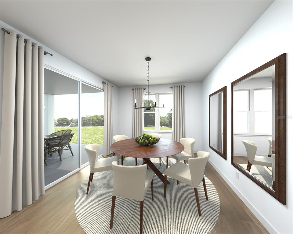This rendering shows a dining room with a round table, six chairs, and wall mirrors — 13216 SHELLMORE AVENUE, PALMETTO, FL