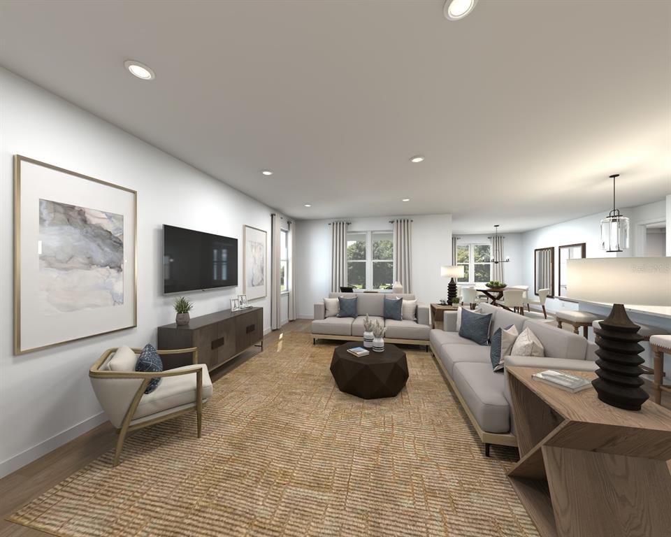 This rendering shows a living room with light-colored sofas, a textured rug, and a television — 13216 SHELLMORE AVENUE, PALMETTO, FL