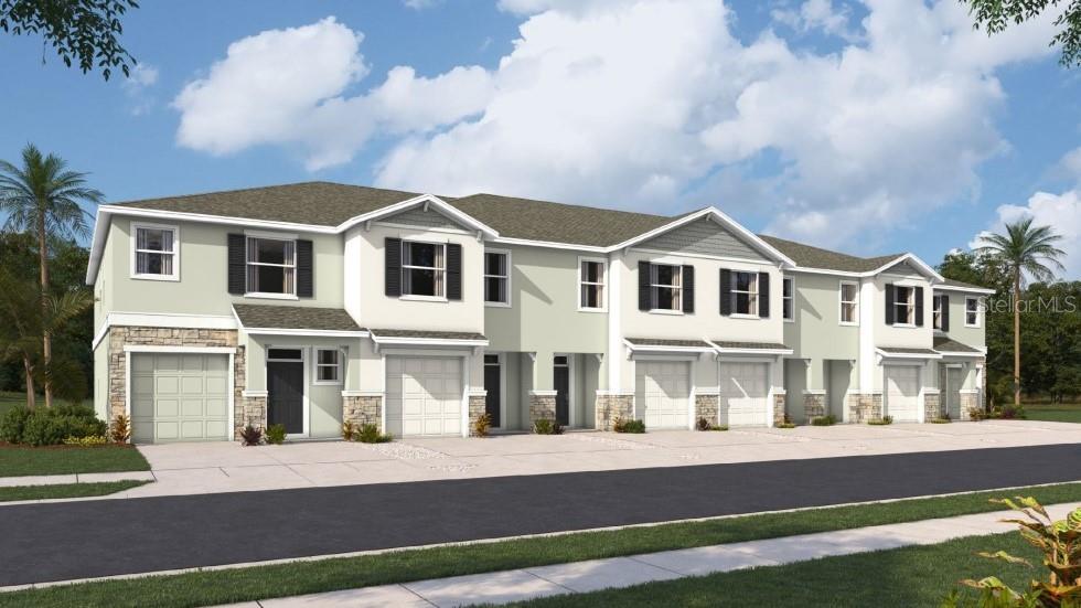 This is a digital rendering of a multi-unit townhouse complex with light-colored siding and stone accents — 32545 MIDSUMMER NIGHT LANE, WESLEY CHAPEL, FL